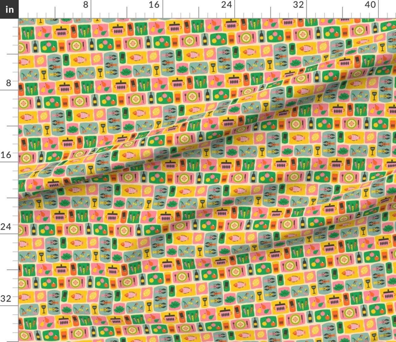 Mid Century Modern Bright Retro Green Yellow Pink Blue Fish Cherries Citrus Carrots Food Kitchen Custom Printed Fabric by Spoonflower Various Fabrics by the Yard or Fat Quarter